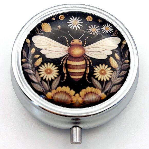 Black Gold Boho Night Botanical Floral Bee Daisies Purse Decorative Pill Box New - Picture 1 of 3